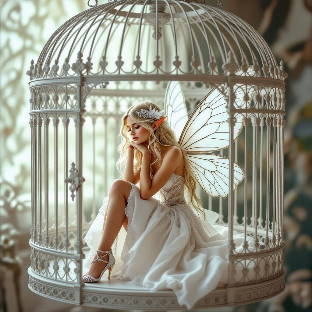 Victorian Fairy Resting Inside Ornate Birdcage