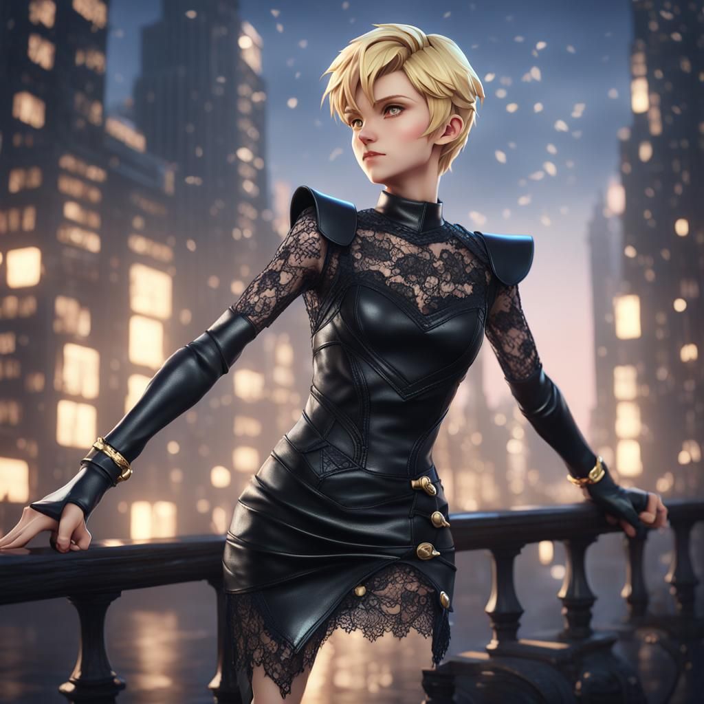 Sailor Uranus in skin-tight black leather lace dress