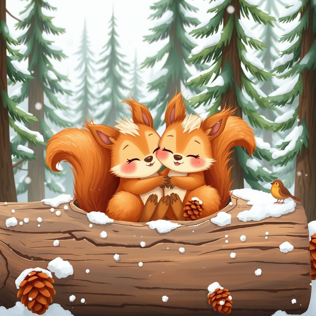 Whimsical Winter Woodland Scene with Squirrels and Snow