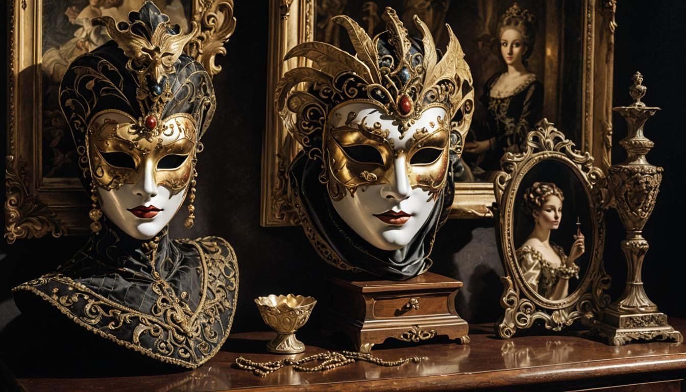 Girl, Mask, and Portrait in Chiaroscuro Lighting