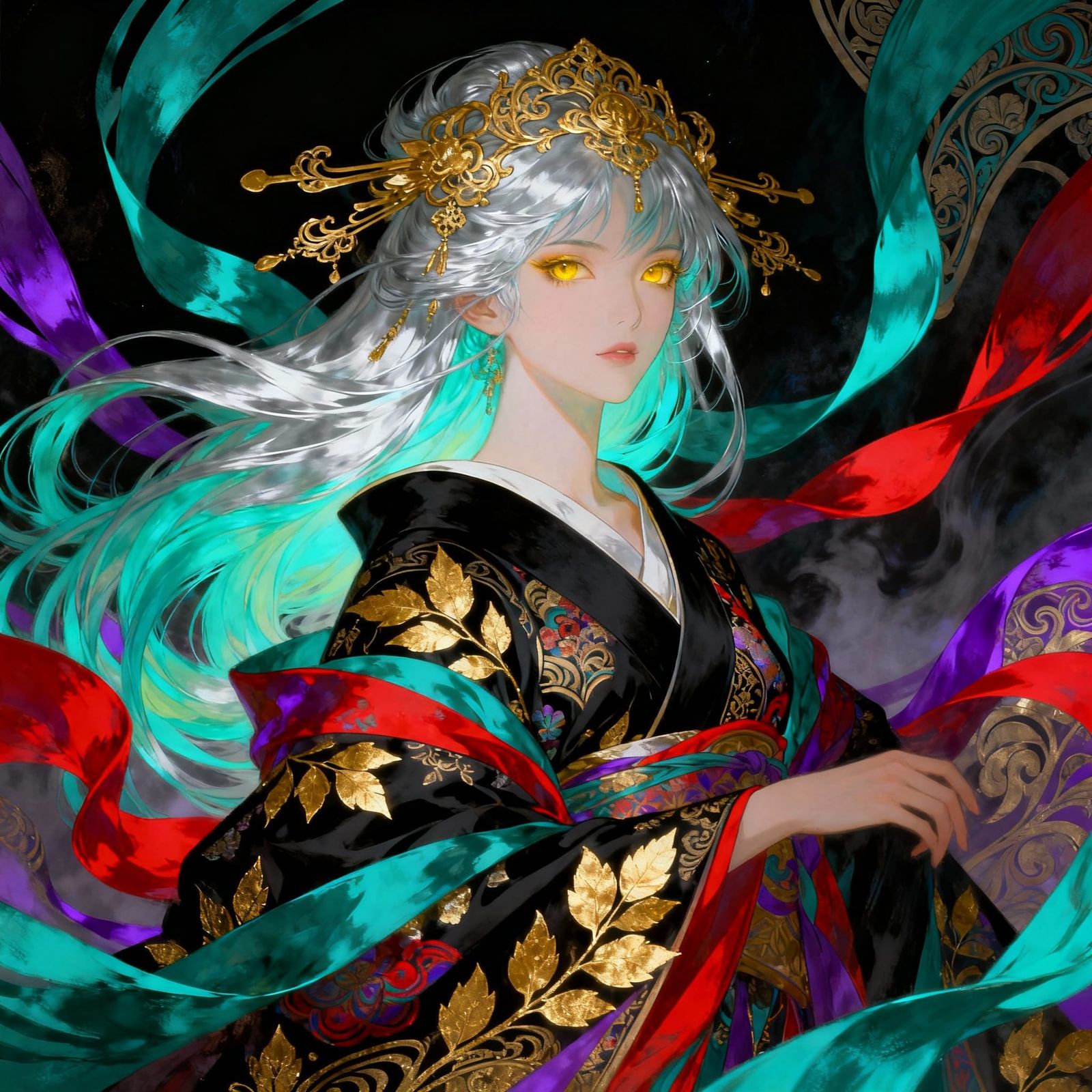 Ethereal Spirit Woman in Ornate Kimono