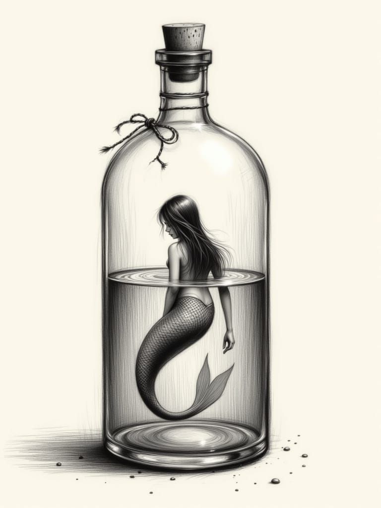 Mermaid in a Bottle: Detailed Ink Illustration
