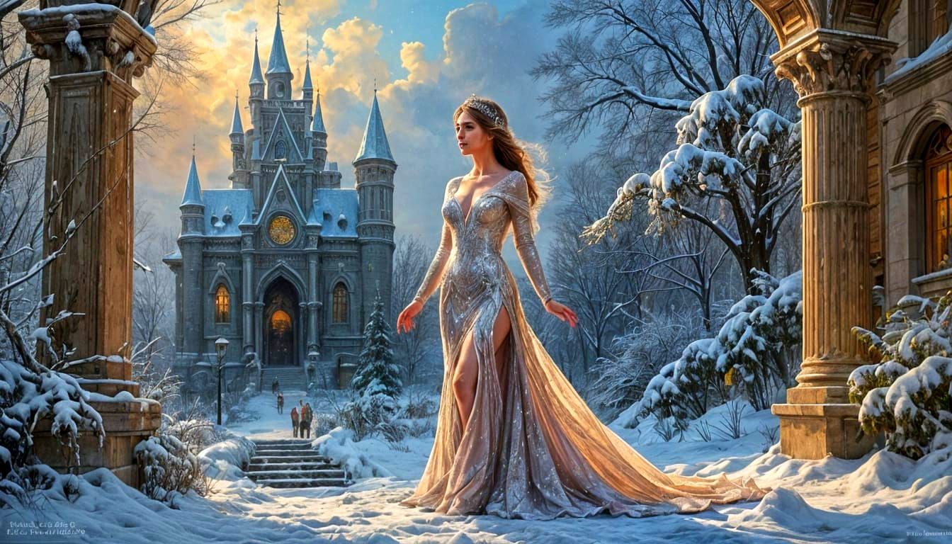 Regal Queen in Winter Castle, Snowflakes and Icicles