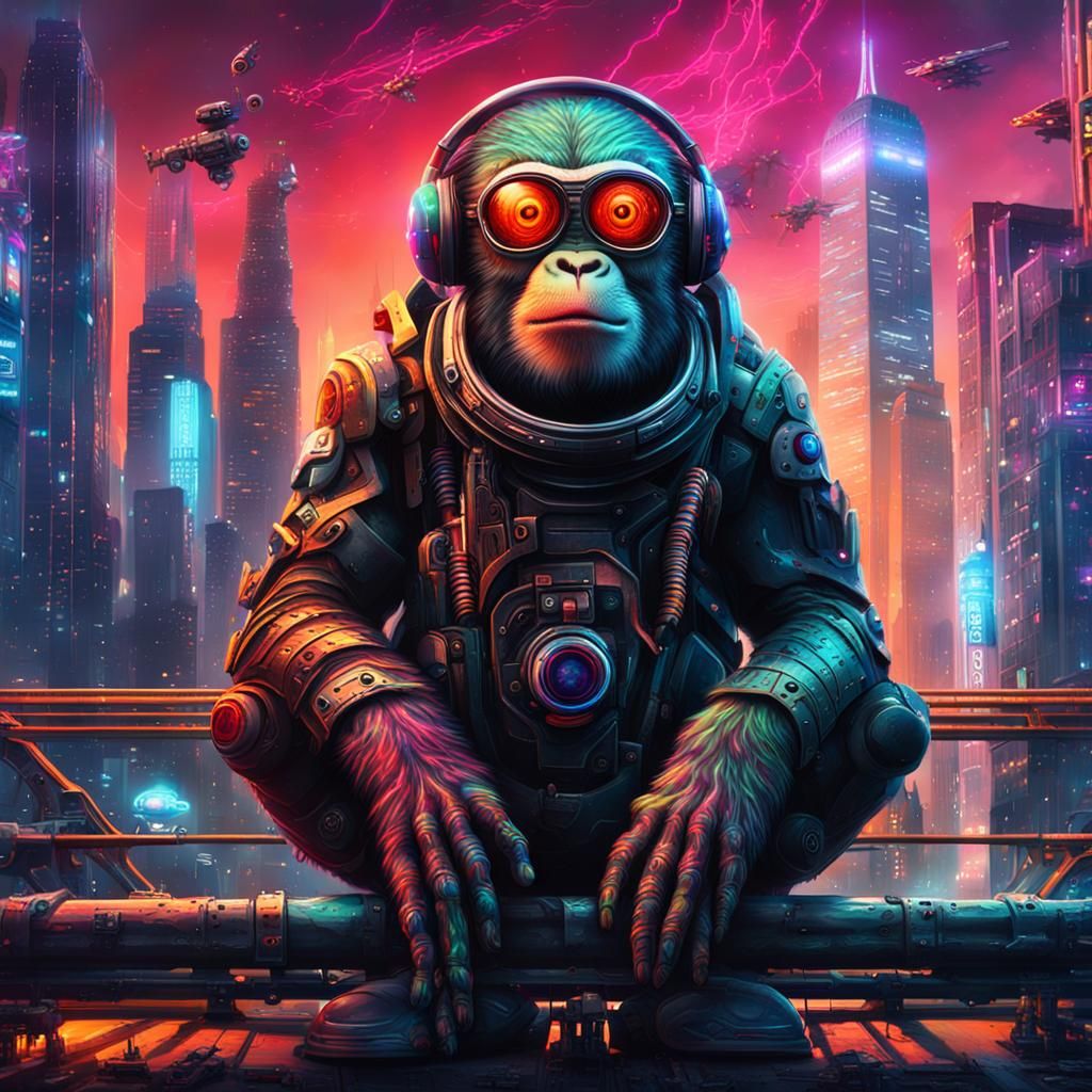 Cyberpunk Alien Monkey on New York Bridge