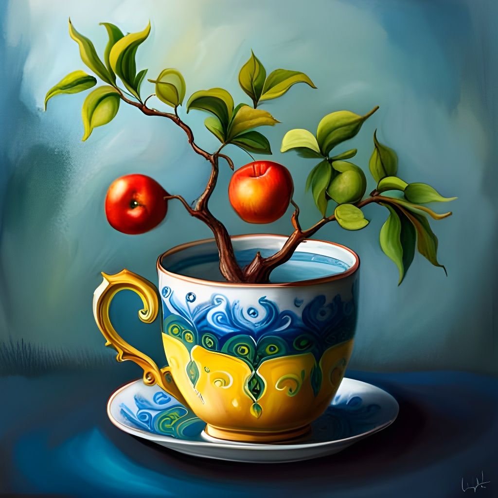 Apple Tree Grows from Teacup: Surreal Digital Art