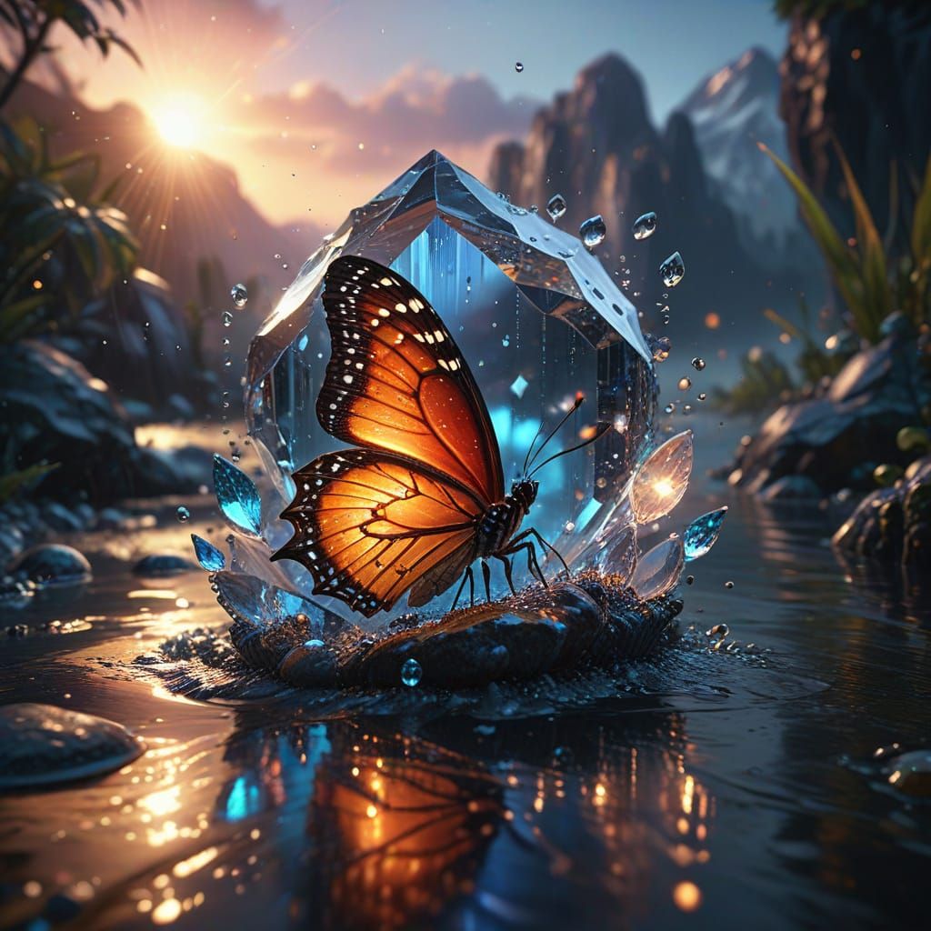 Giant Crystal with Butterflies at Sunset, Detailed Matte Pai...