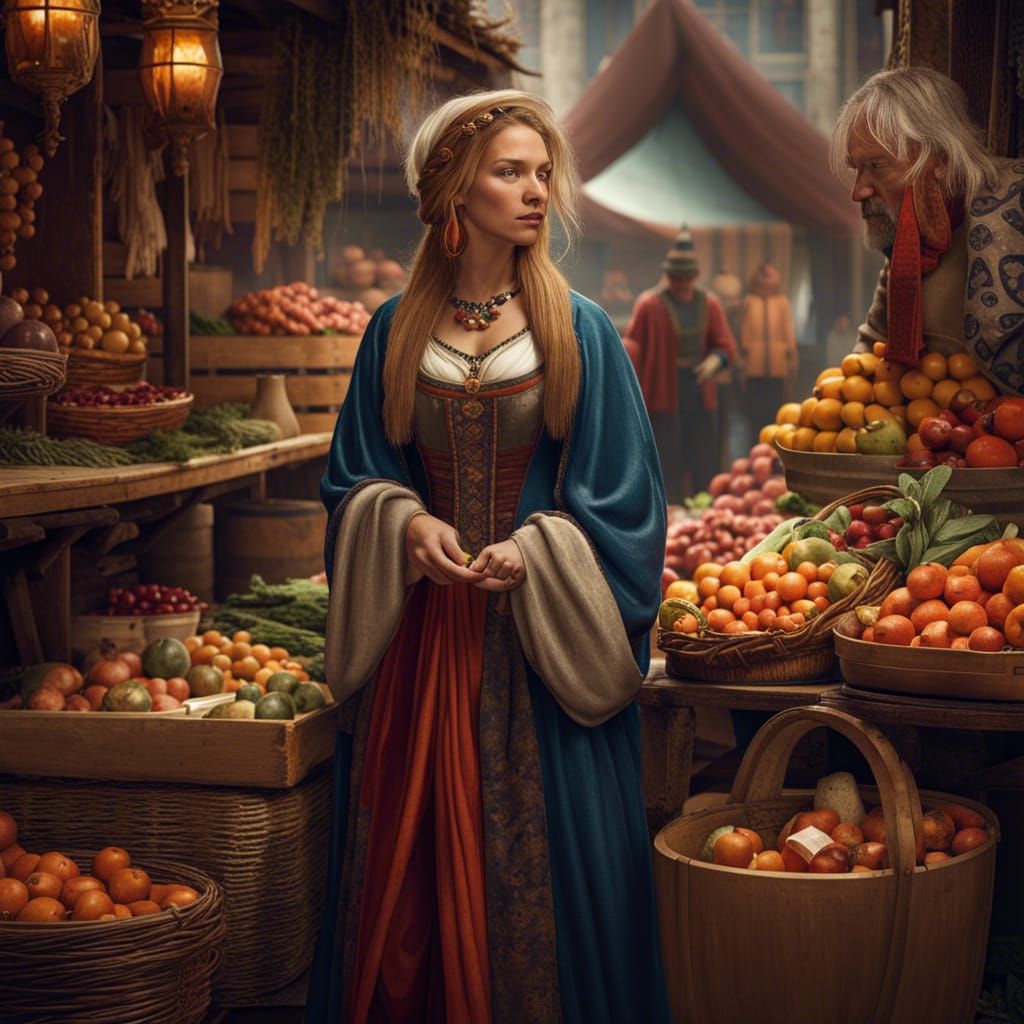 Medieval Woman in Bustling Market, Hyperrealistic Style
