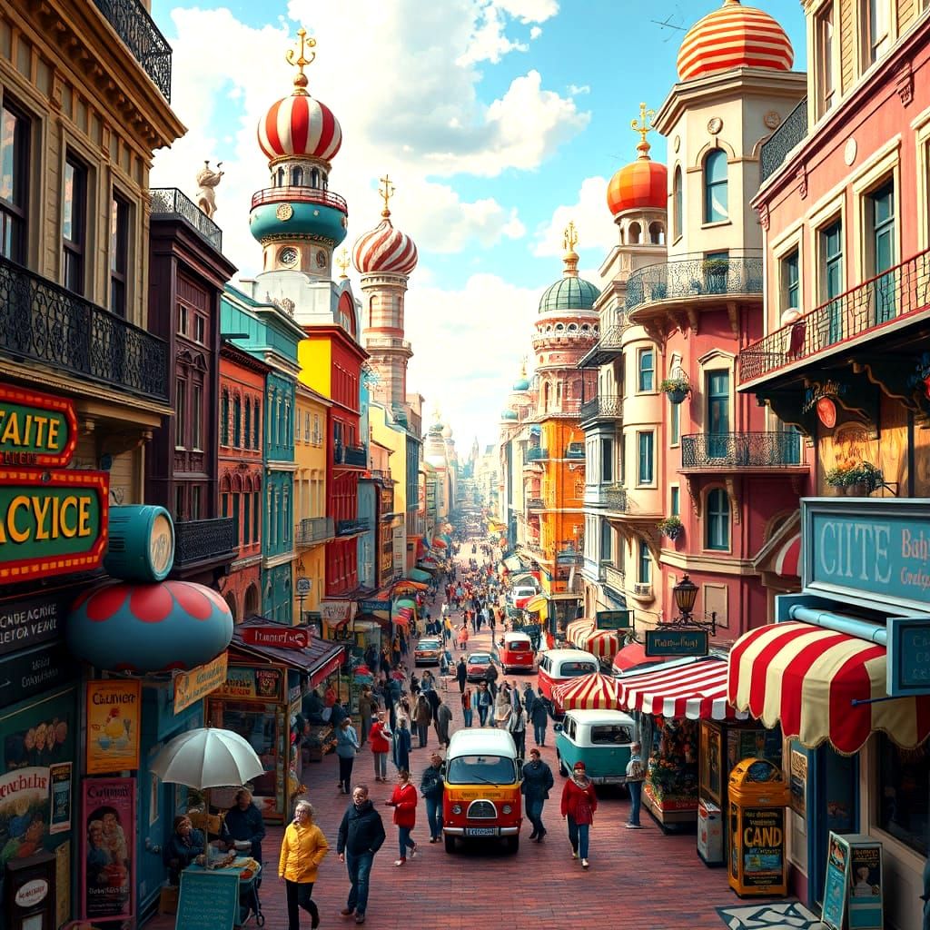 Surreal Cityscape in Vibrant Candyland Aesthetic
