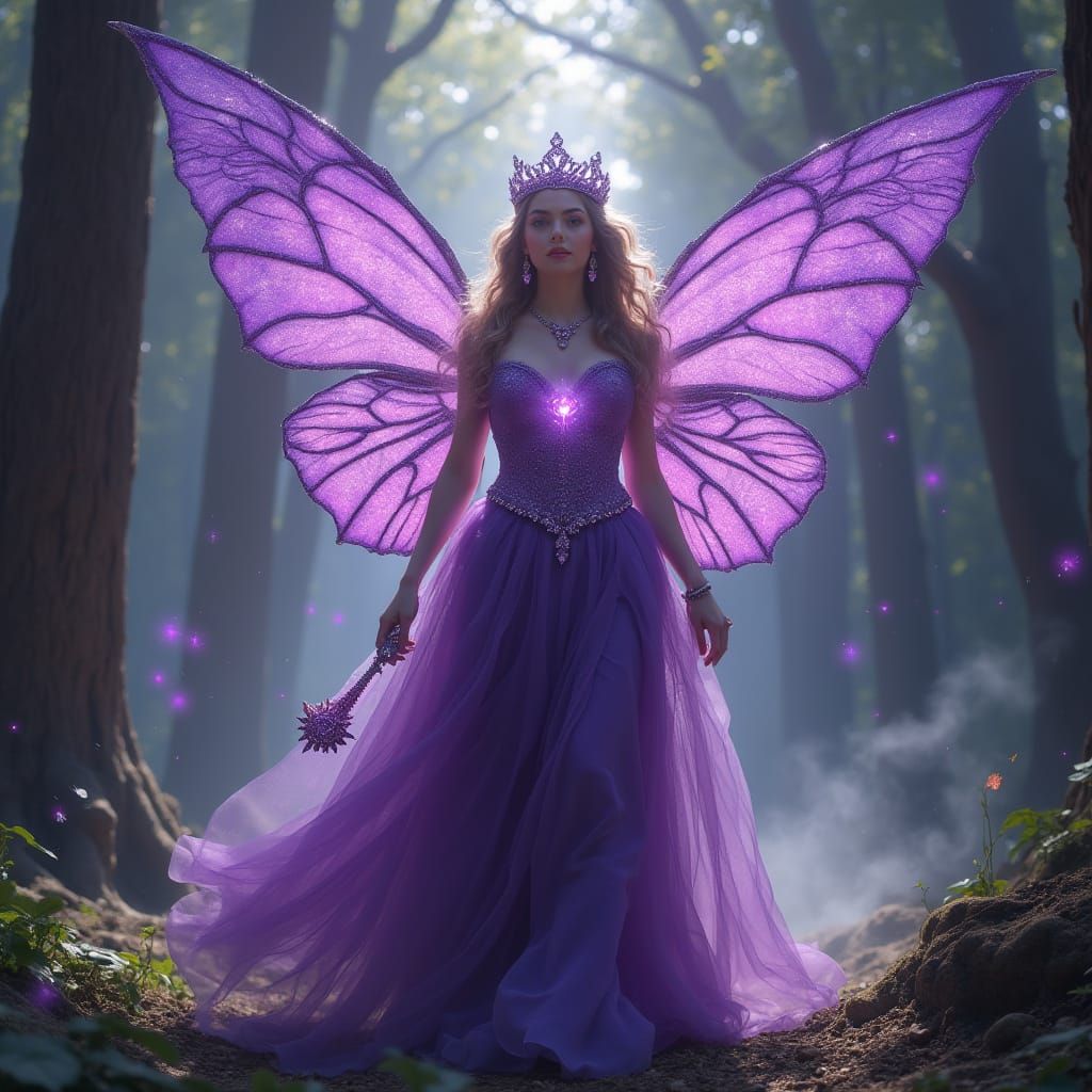 Regal Woman in Enchanted Forest, Wearing Lavish Purple Attir...