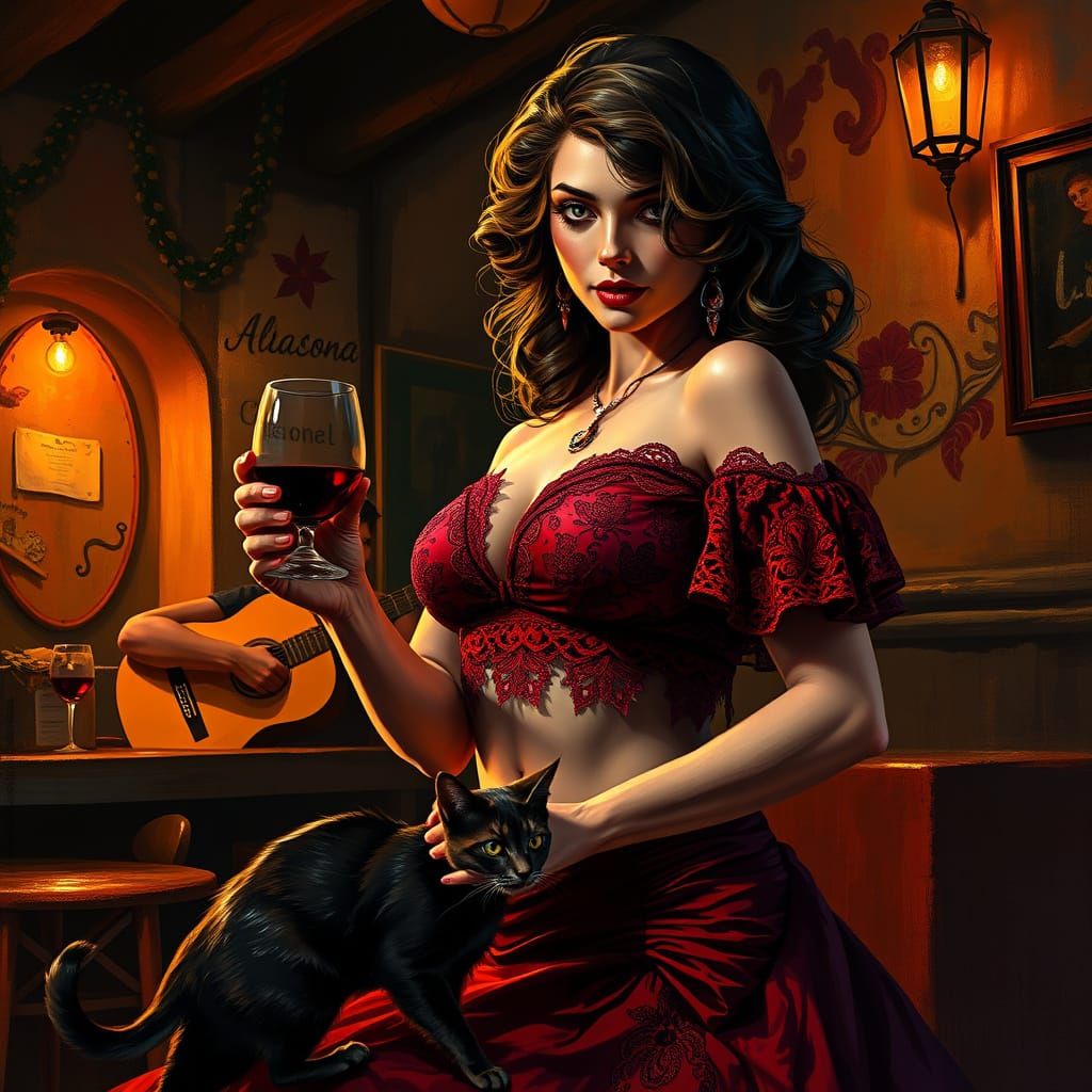 Spanish Flamenco Dancer in a Vibrant Spanish Café