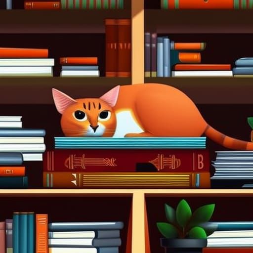 Detailed Orange Cat Illustration with Books and Plants