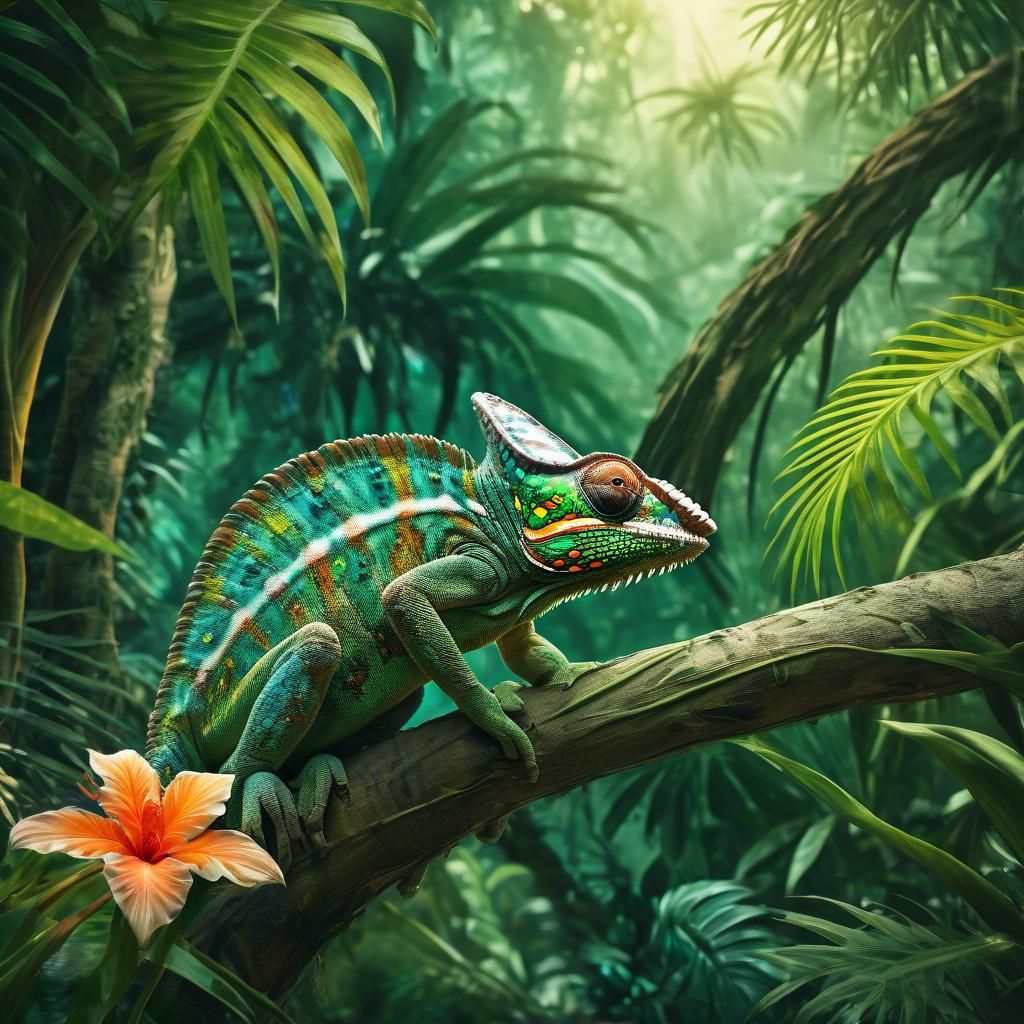 Chameleon in Asian Jungle, Watercolor Fantasy Art