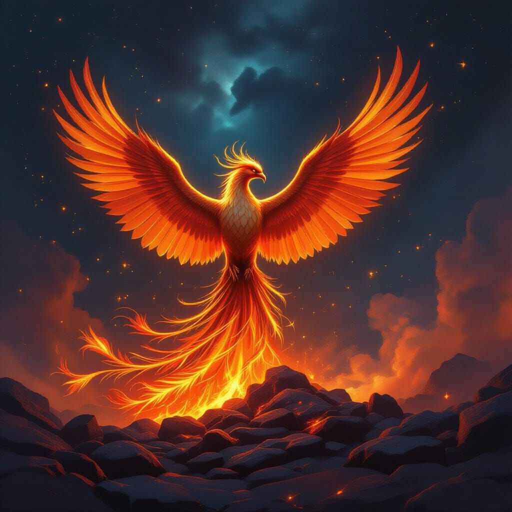Majestic Phoenix Rises from Embers in Cosmic Nebula
