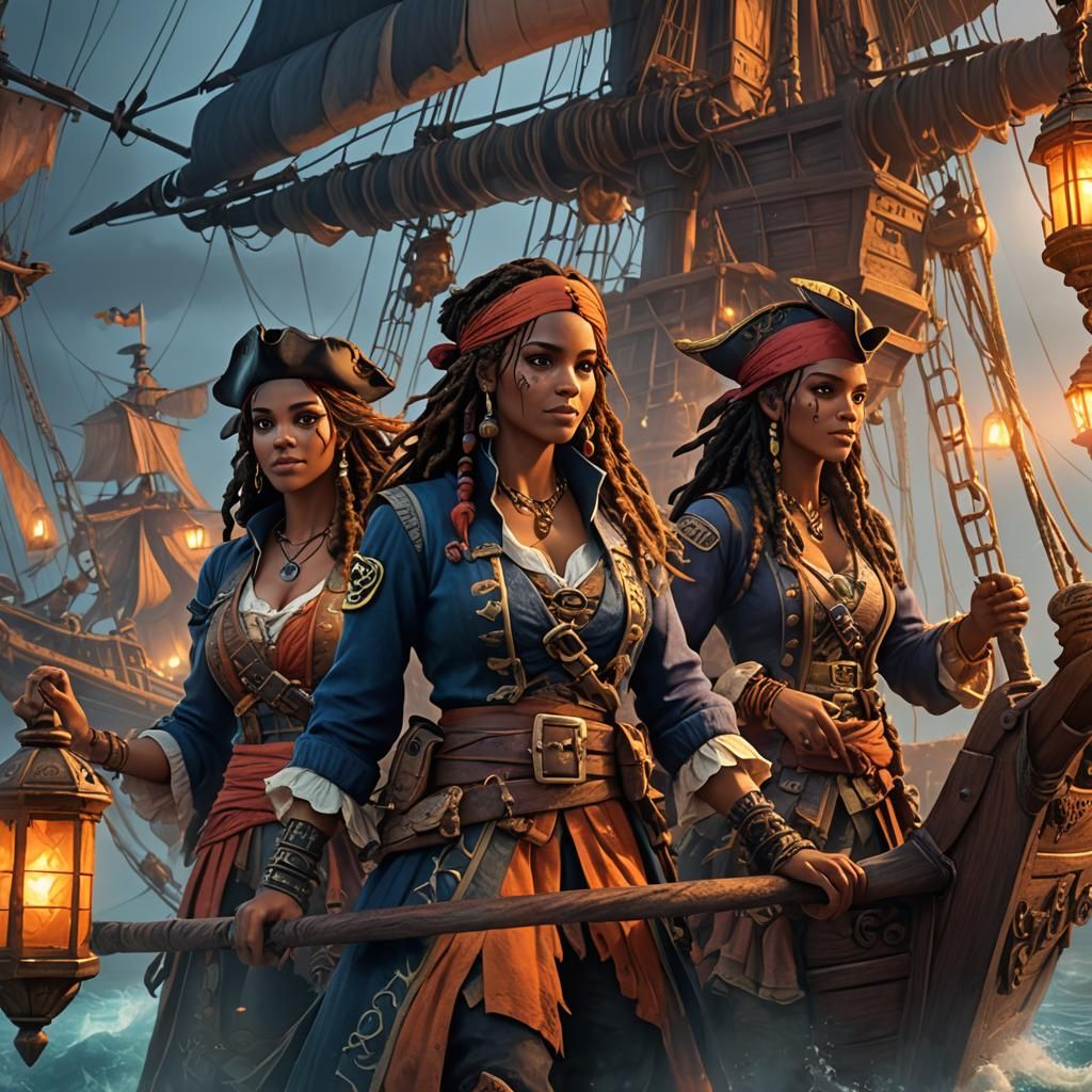 Pirate Ship Crewed by Girls: Fantasy Concept Art