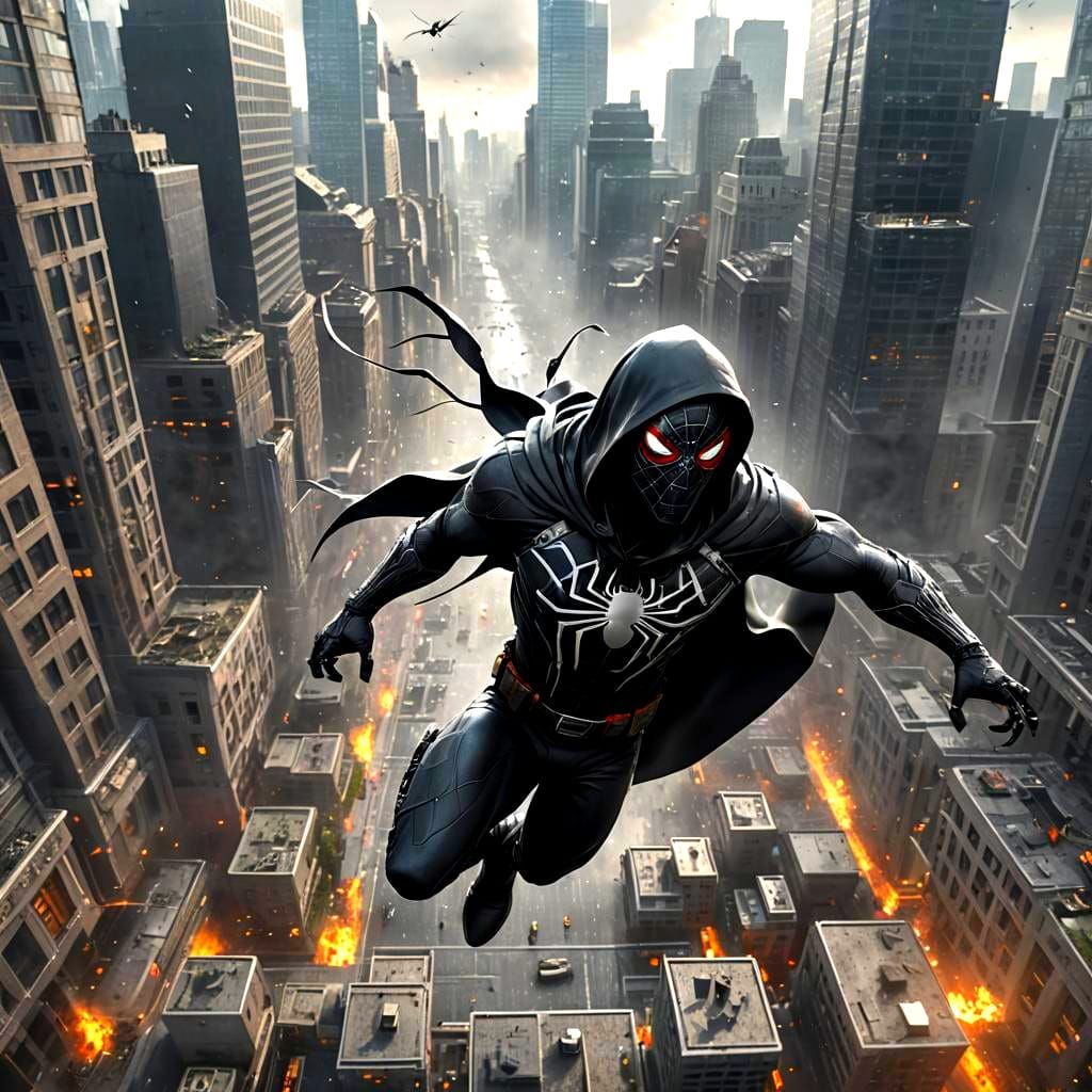 Hooded Superhero Swings Through City in Matte Painting