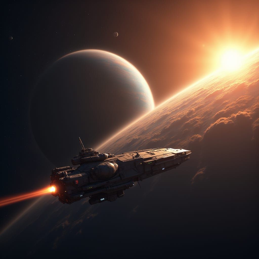 Galactic Space Scout Ship Approaches Gas Giant in Stunning S...