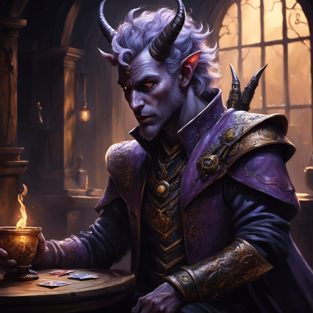 Tiefling Rogue in Tavern, Juggling Illusionary Cards, in Vib...