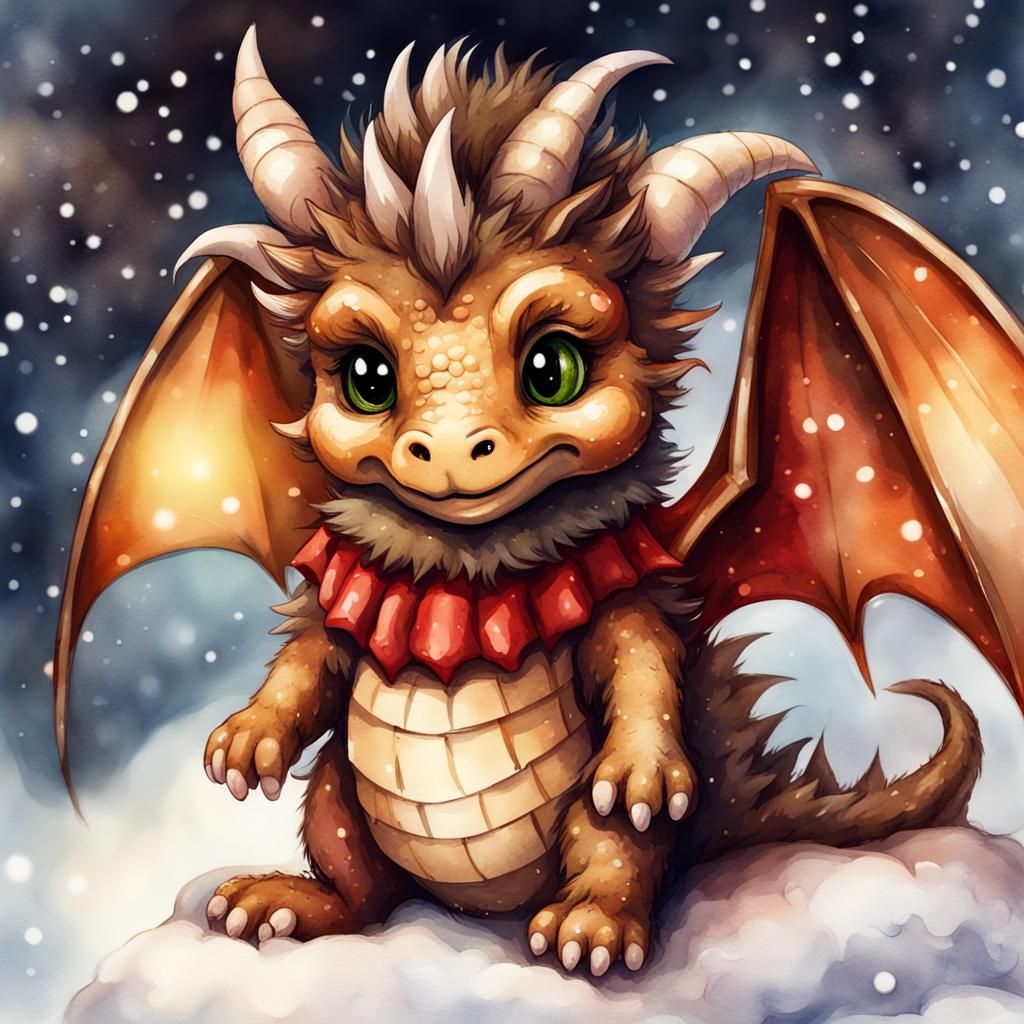 A brown and tan hairy baby dragon [[dressed up for Christmas]]