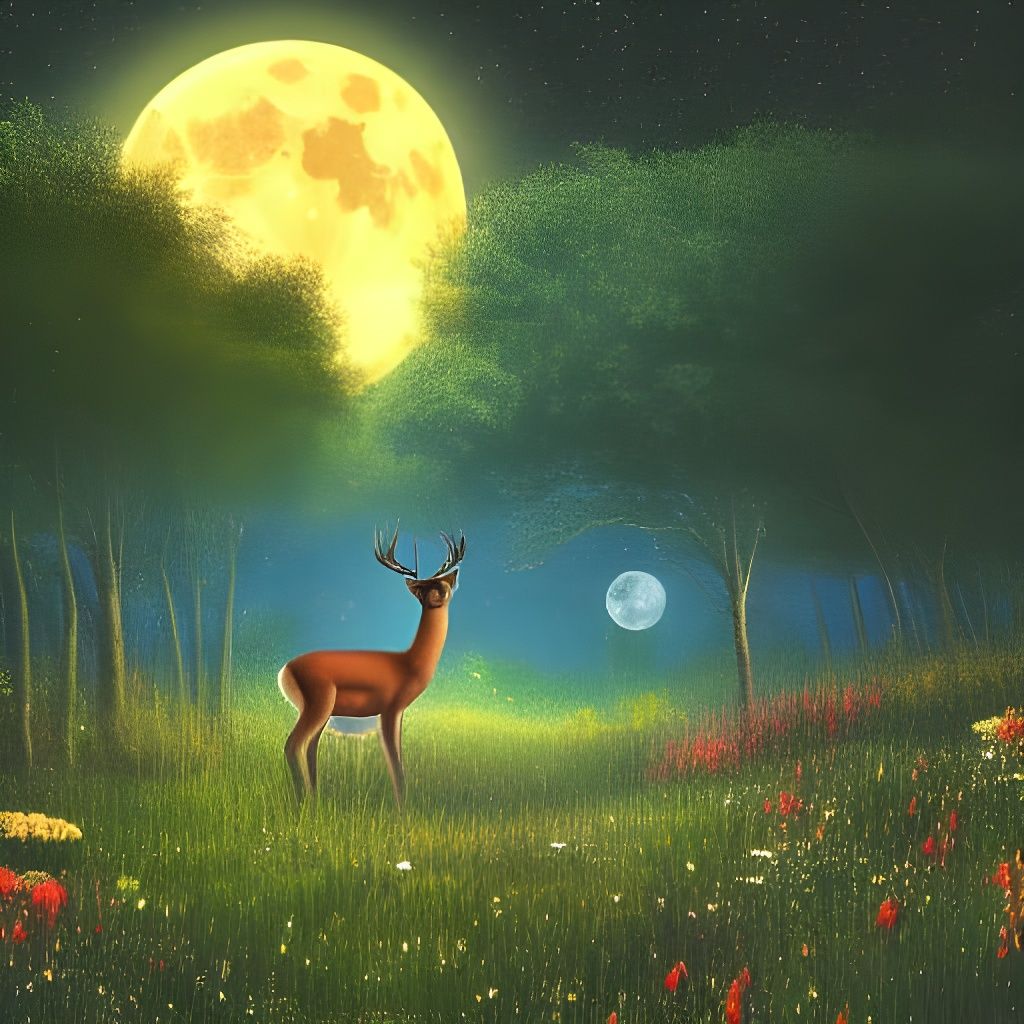 Deer in Moonlit Meadow with Fireflies