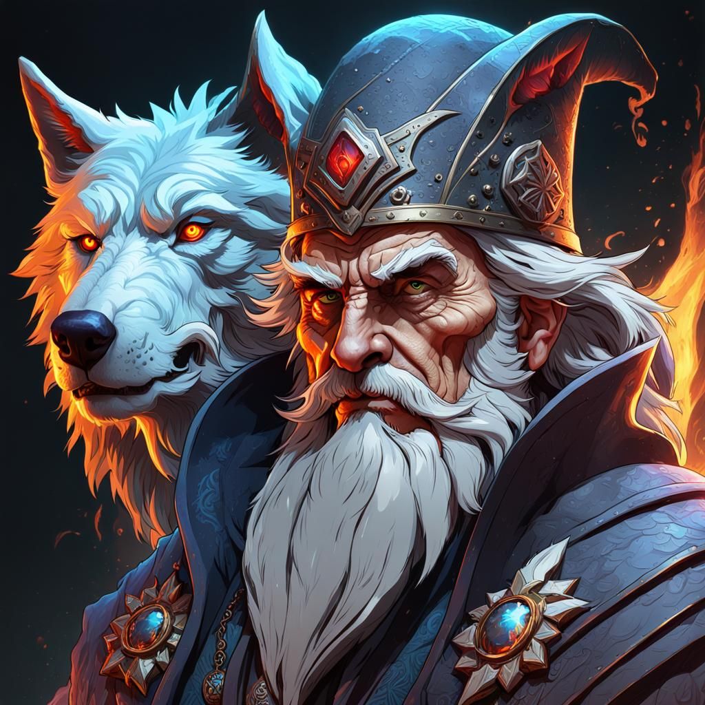 Wizard and Wolf Portrait in Hyperdetailed Style