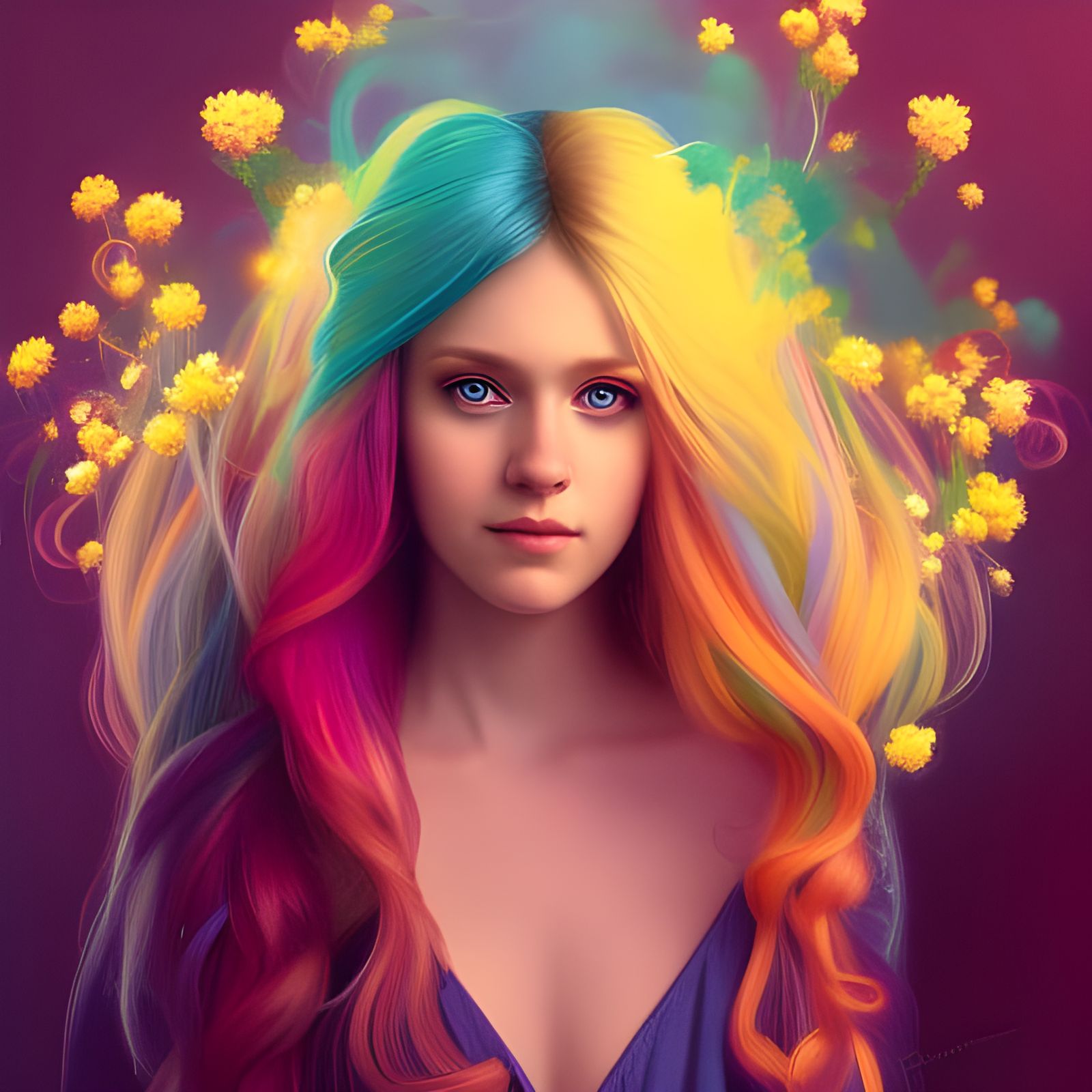 Rainbow Girl Portrait in Hyperdetailed Art Nouveau Style