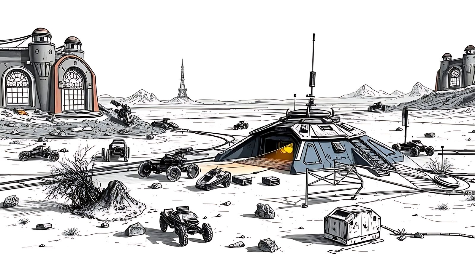 B&W Ink drawing, with some subtle pastel colours, of a small...