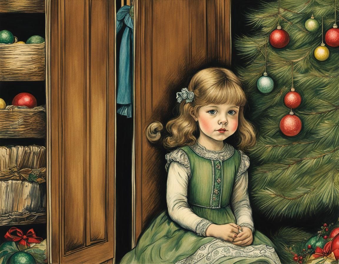 Girl sitting by the Christmas tree, pony peeking out of the ...