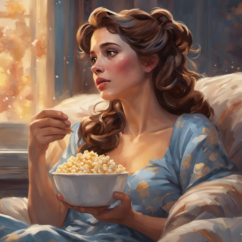 Belle Disney Portrait Eating Popcorn, Art Nouveau Style