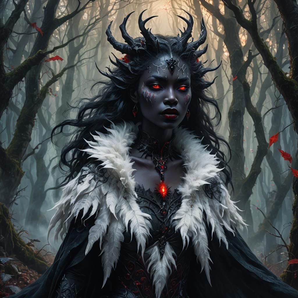 Eerie Black Spirit Portrait in Mystical Forest