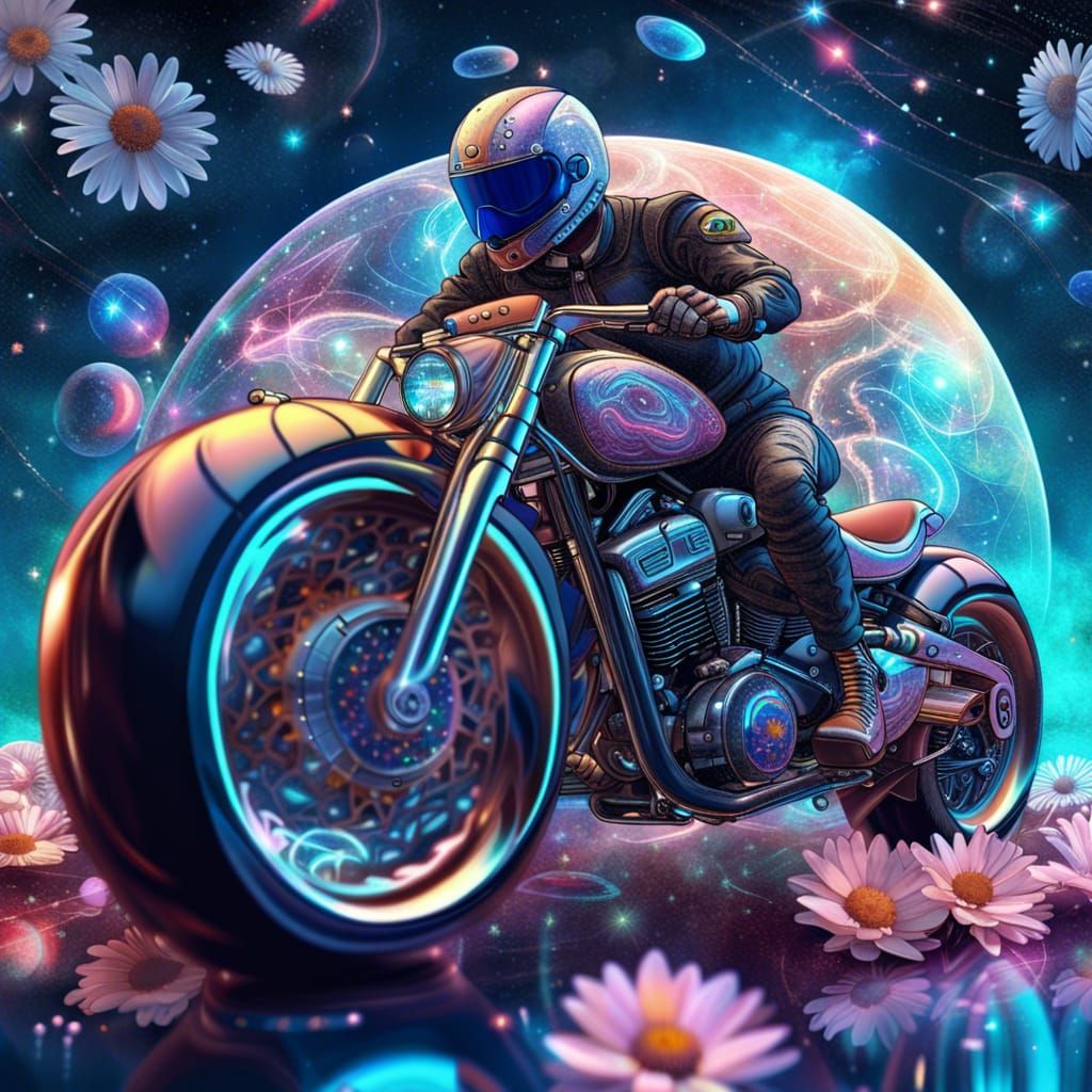 Futuristic Motorbike on Ringed Planet, Astral Illustration