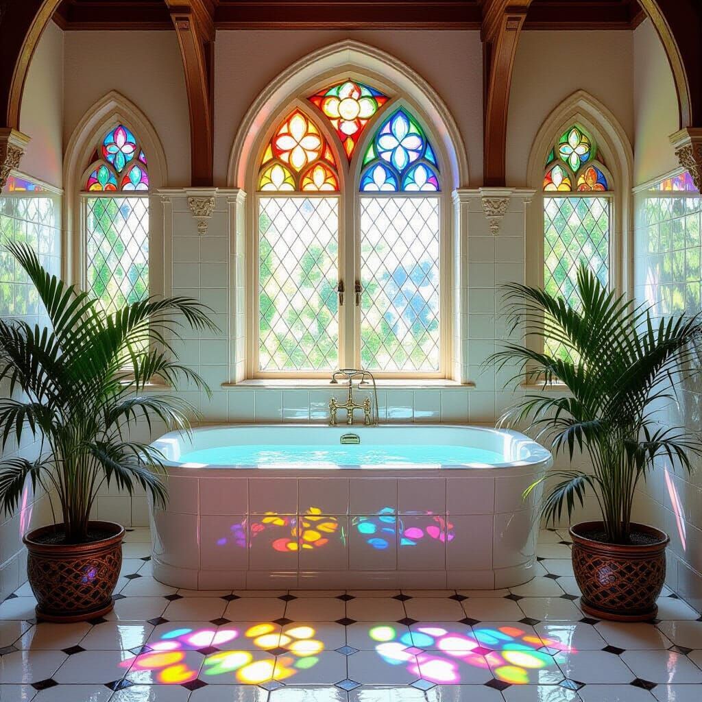 Medieval Bathroom with Stained Glass in Pre-Raphaelite Style