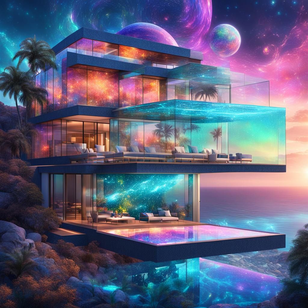 Glass Mansion Overlooking Cosmic Sea, Astral Illustration