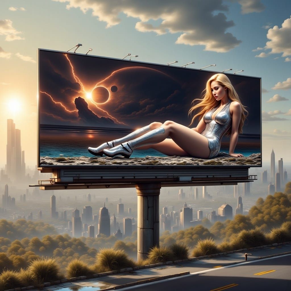 Futuristic Billboard: Beautiful Cyborg Companion, Painterly ...