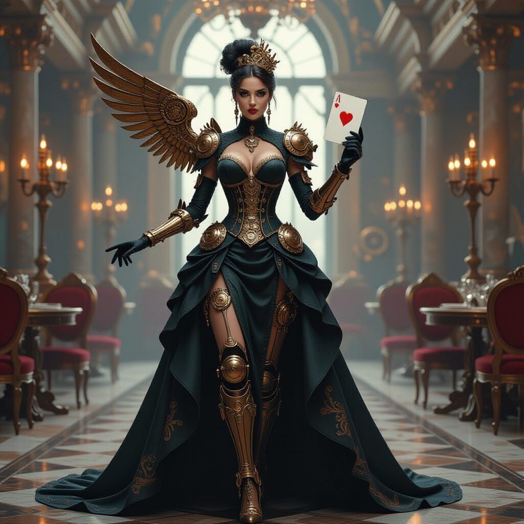 Steampunk Queen of Hearts Amidst Clockwork Ballroom