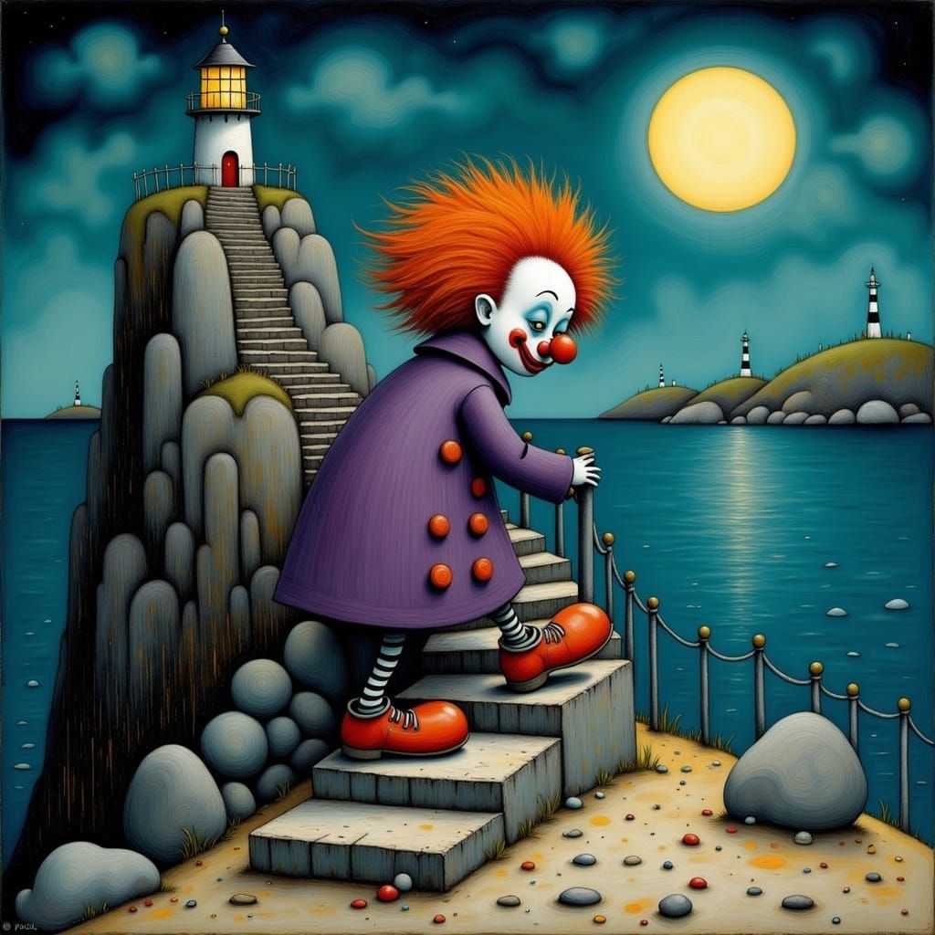 Lighthouse Clown Climbing Stairs in Fantasy Illustration