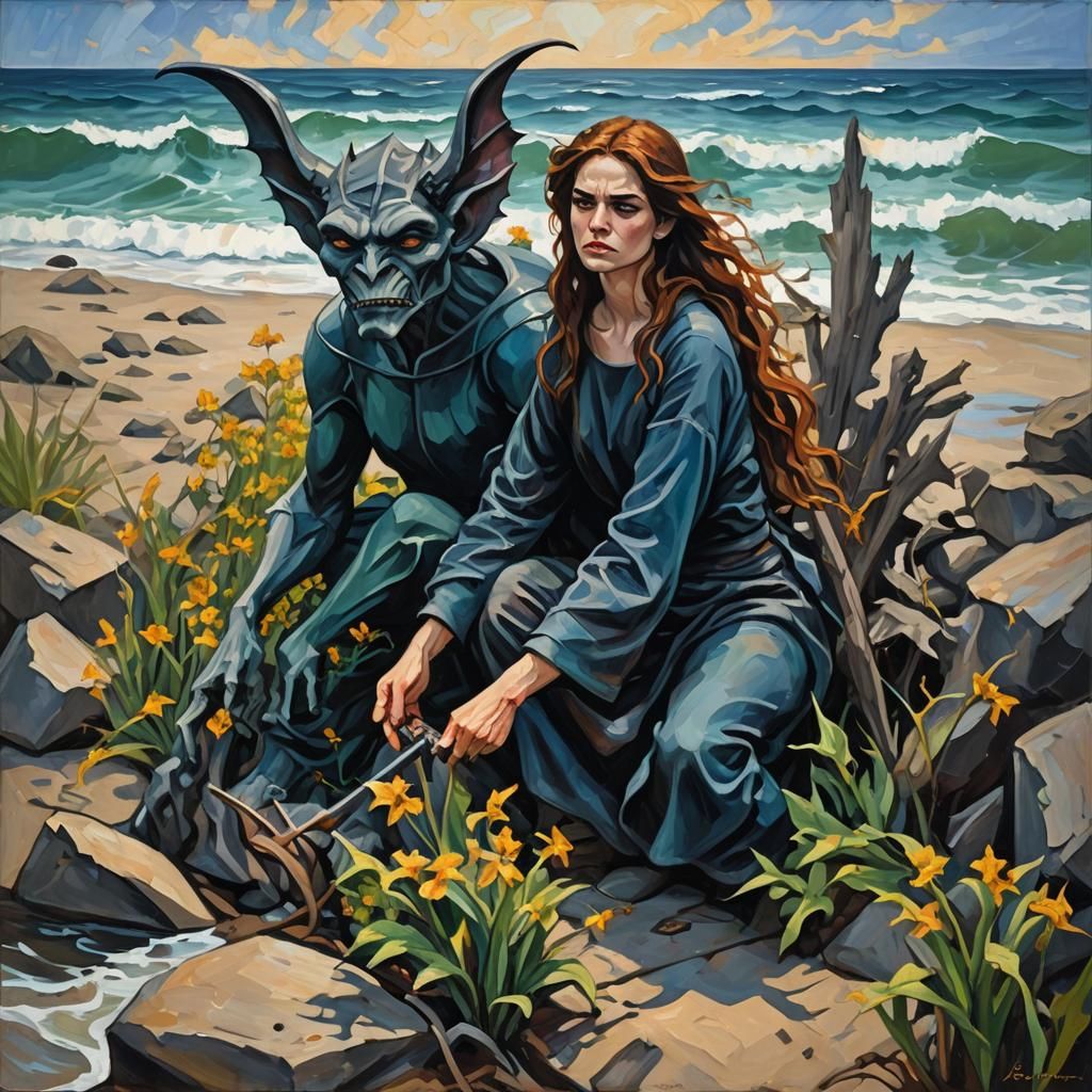 Gargoyle Ambush by the Sea: Neo-Impressionist Painting