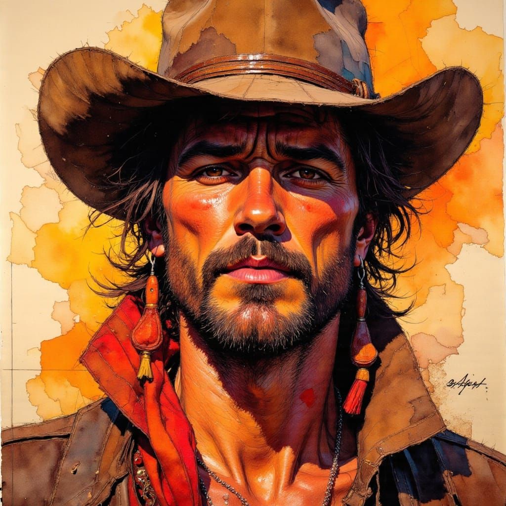 Rugged Cowboy Portrait in Frazetta & Griffith Style