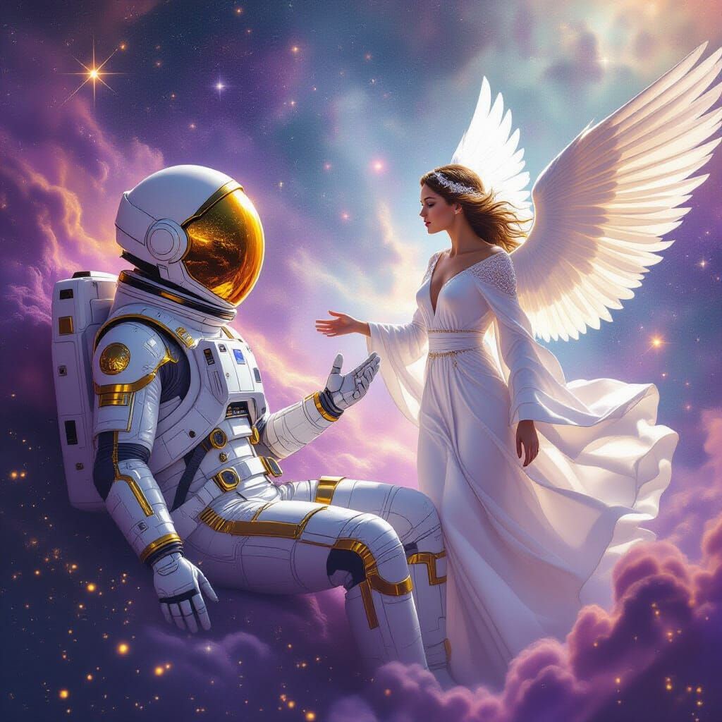 Astronaut and Angel in Nebula: Ethereal Concept Art