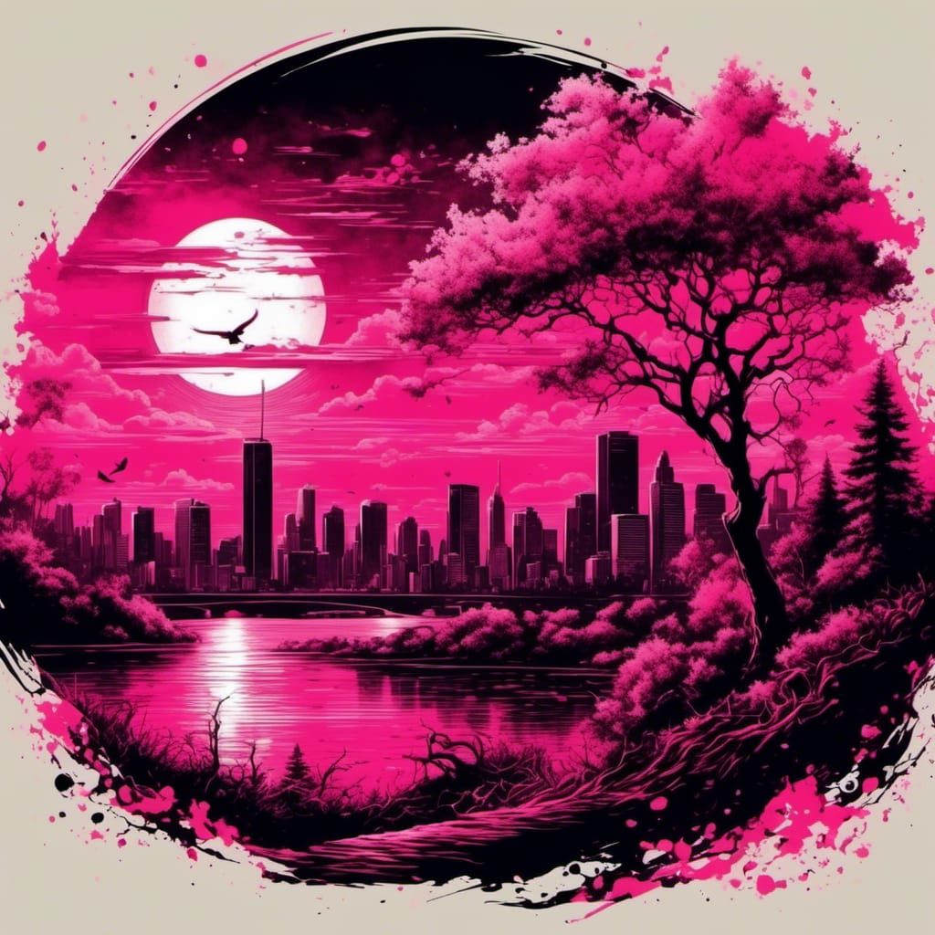 Pink City Skyline with Sleeping Animal in Watercolor