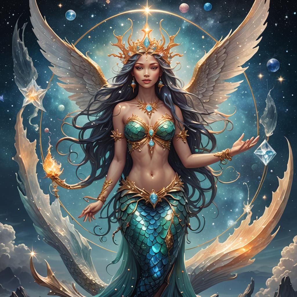 Cosmic Mermaid Goddess with Crystal Wings