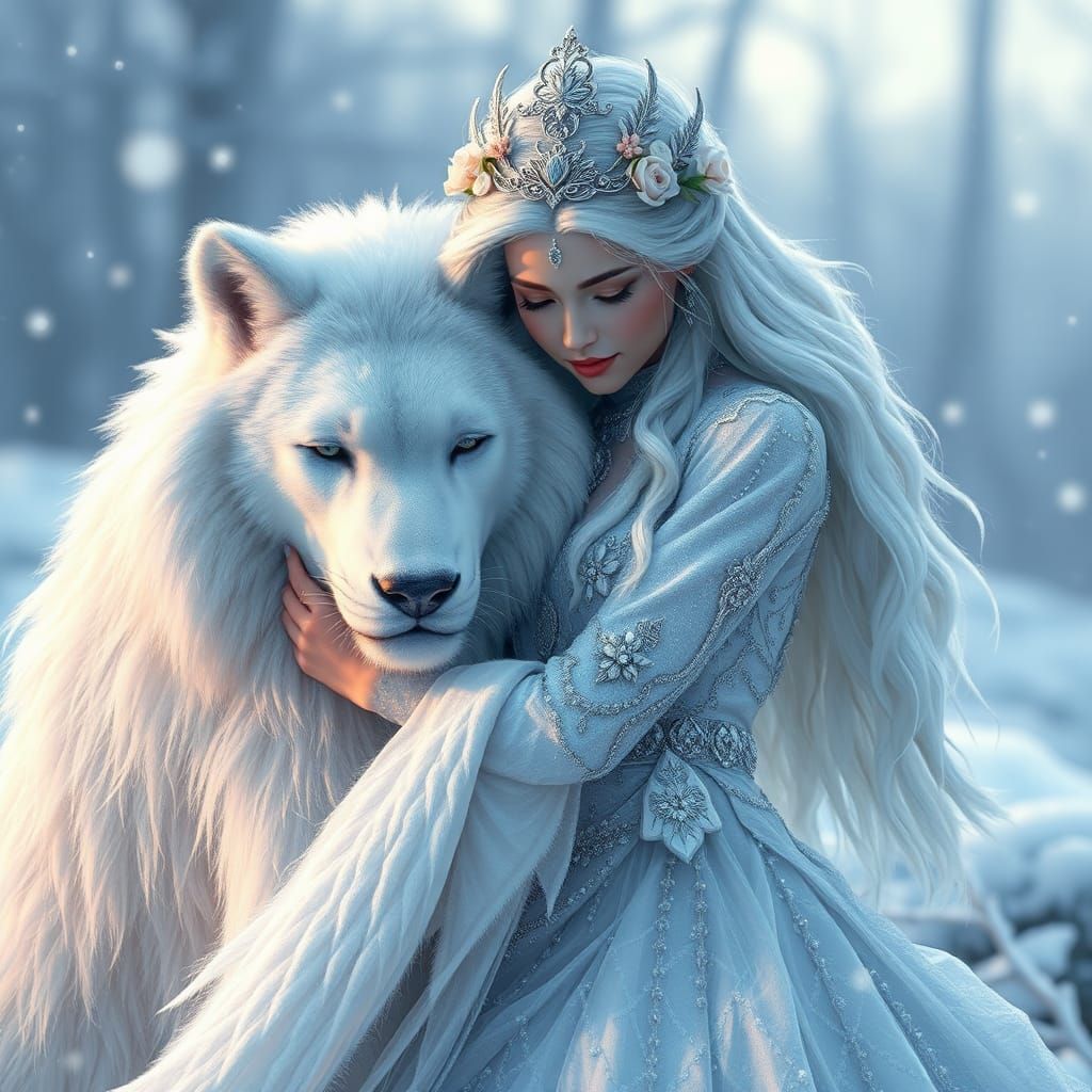 Ice Queen Embracing Snow Lion in Dark Fantasy Style