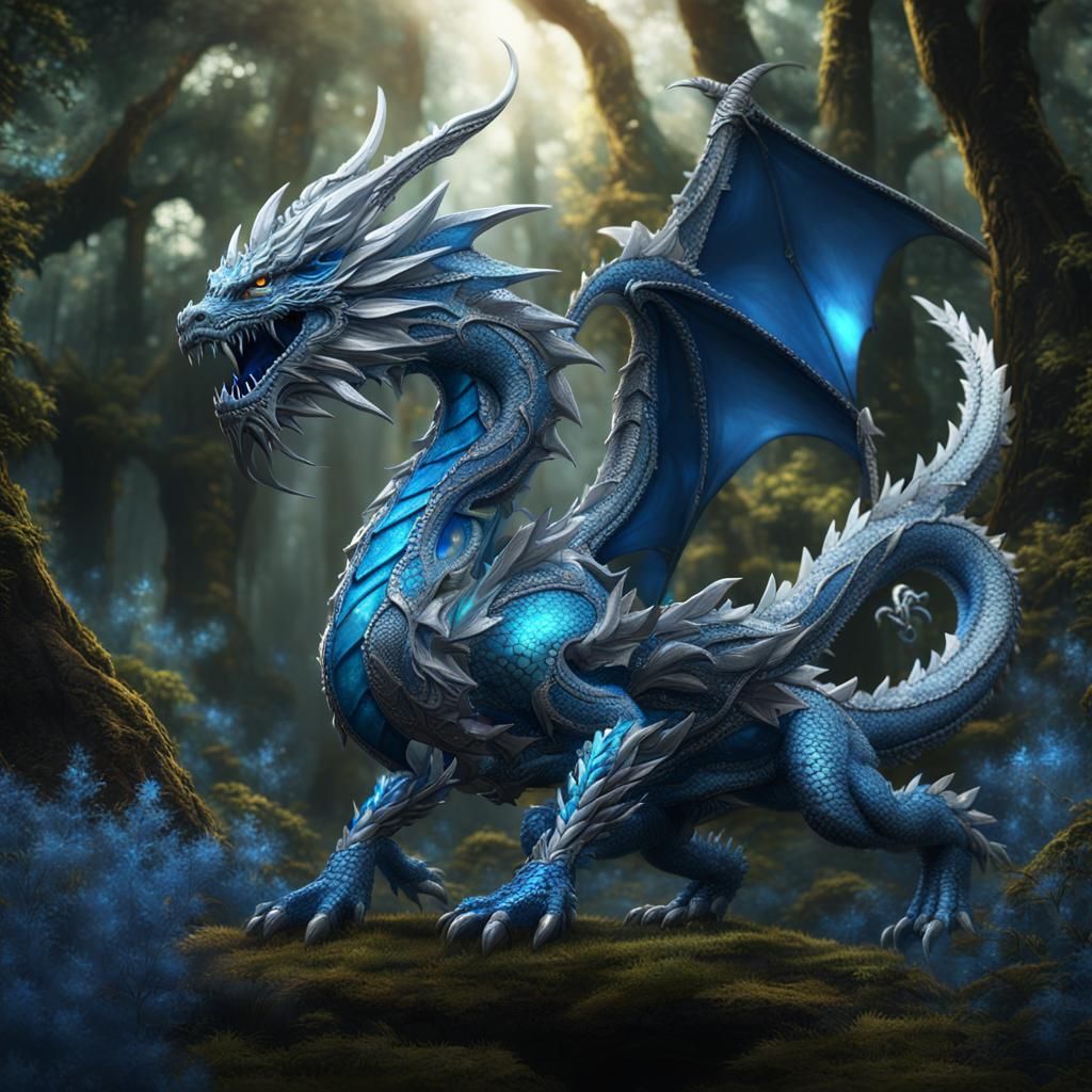 Blue Jeweled Dragon in Forest Clearing