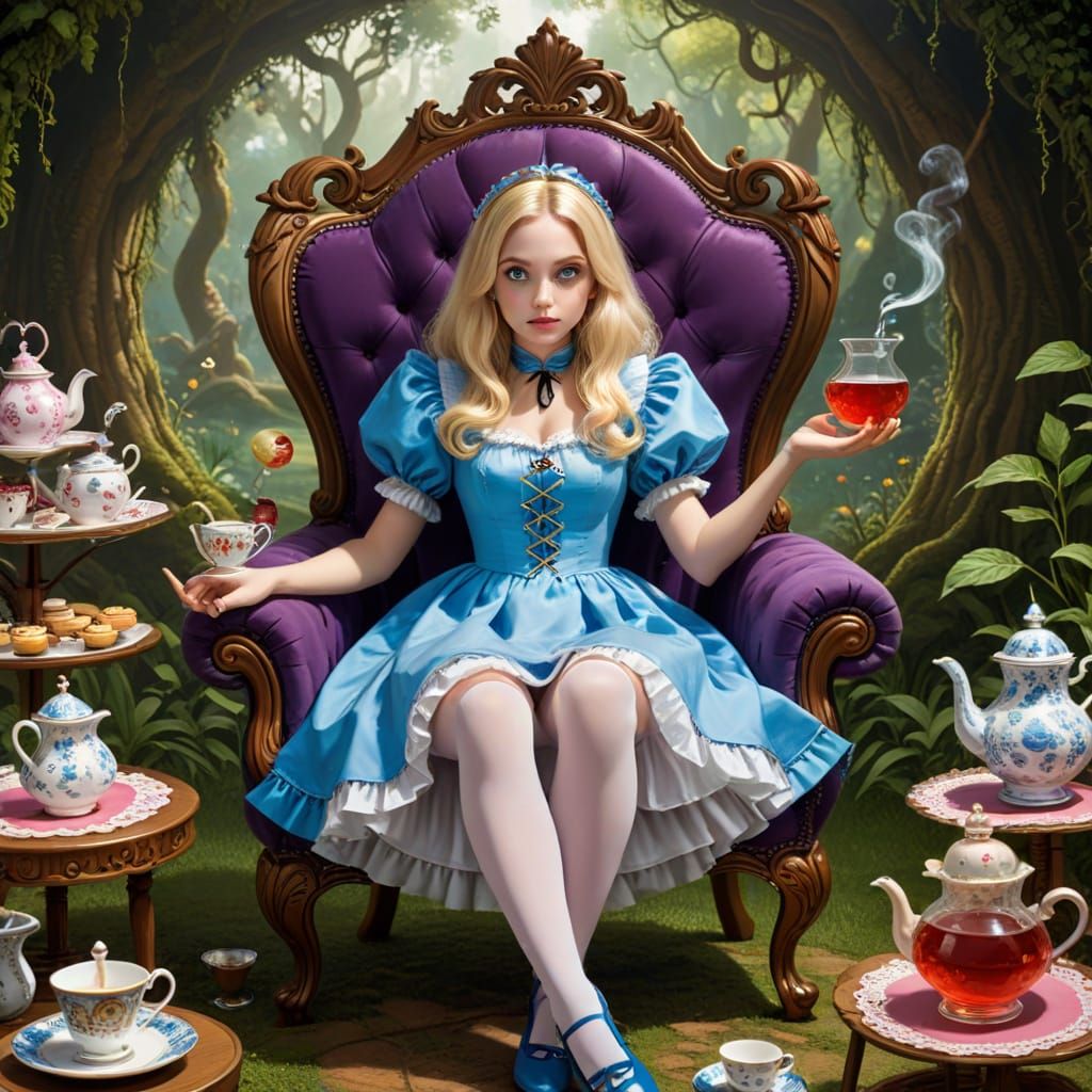 Alice Under Hypnosis in Whimsical Wonderland Scene