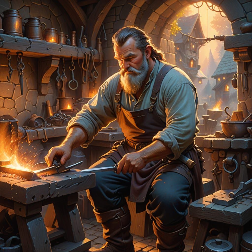 Dwarf Blacksmith at Forge in Ethereal Fantasy Style