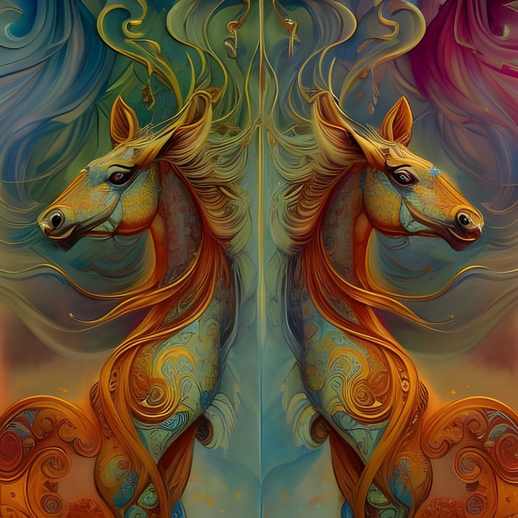 Intricate Cyanotype Horse in Art Nouveau Style