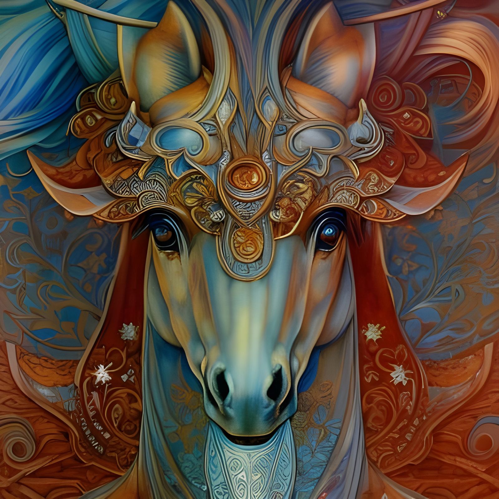 Intricate Art Nouveau Seahorse in Cyanotype