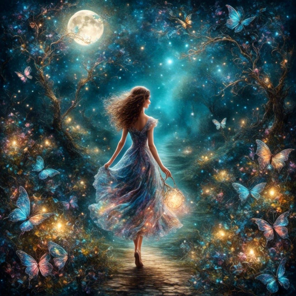 Enchanting Moonlit Walk with Sparkling Lights