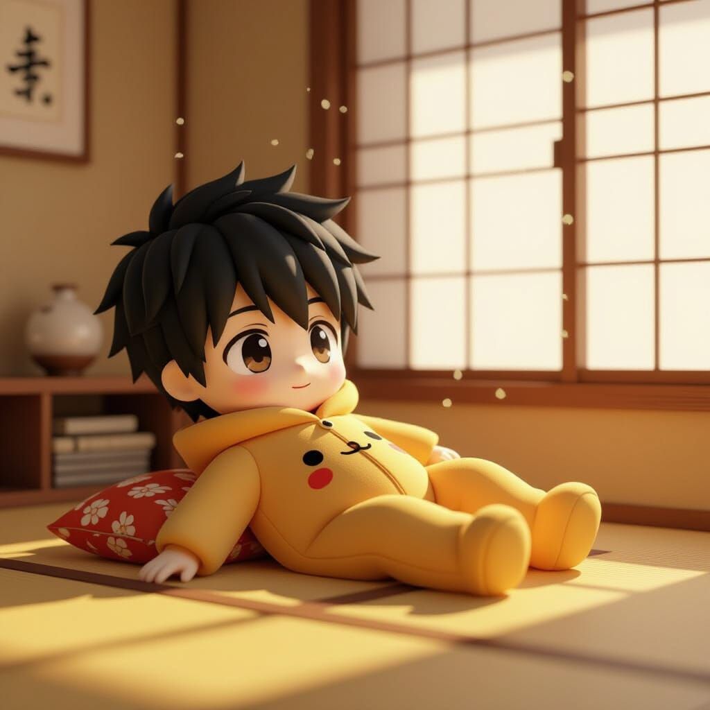 Chibi Man in Yakisoba Bread Onesie Relaxing in Retro Japanes...