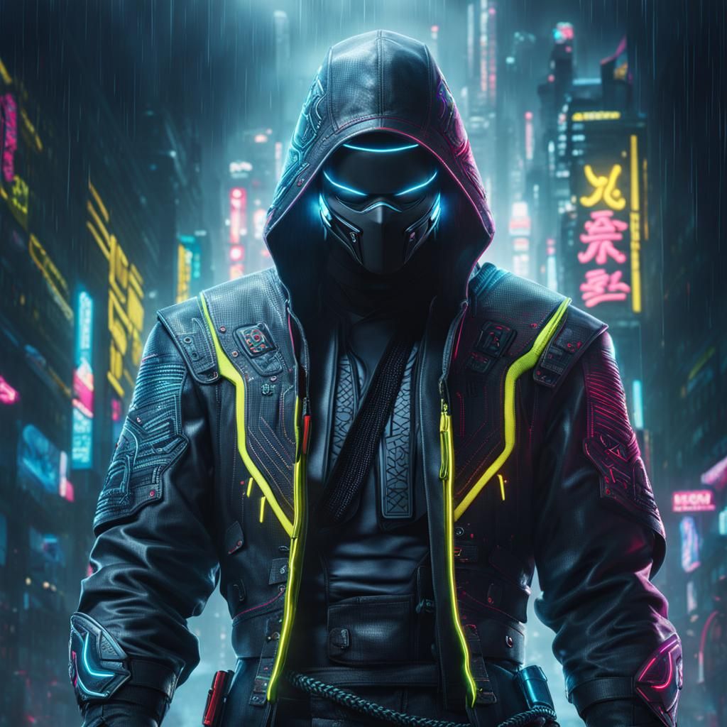 Cyberpunk Ninja in Neon Rain