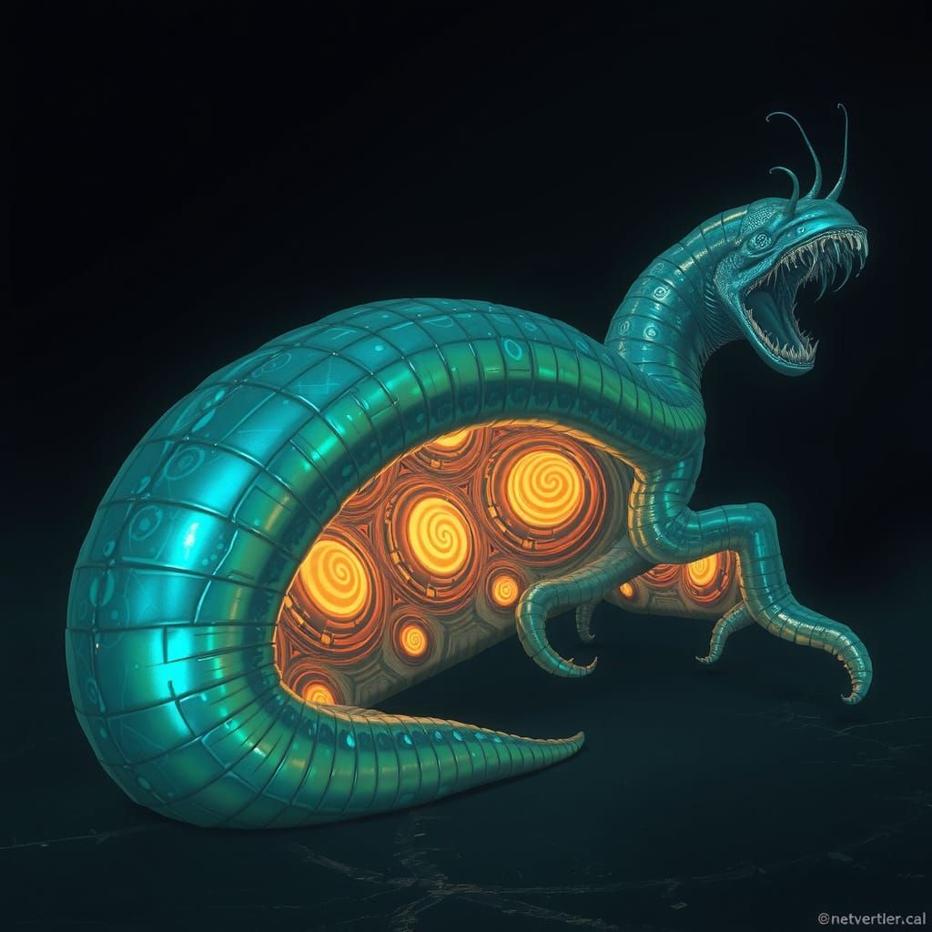 Gigantic Iridescent Worm Creature in Surreal Style